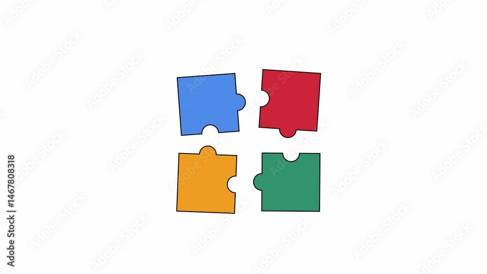 Animated Puzzle Pieces Trying to Form a Complete Shape. This looped video with alpha channel on transparent background. It features four puzzle pieces that float and move in a smooth, chaotic motion.