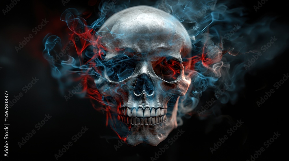 A skull with smoke and fire surrounding it