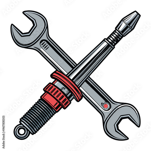 Close-up shot of a mechanic's wrench and spark plug, dramatically crossed, forming an X, against a dark background.  High-detail, sharp focus.