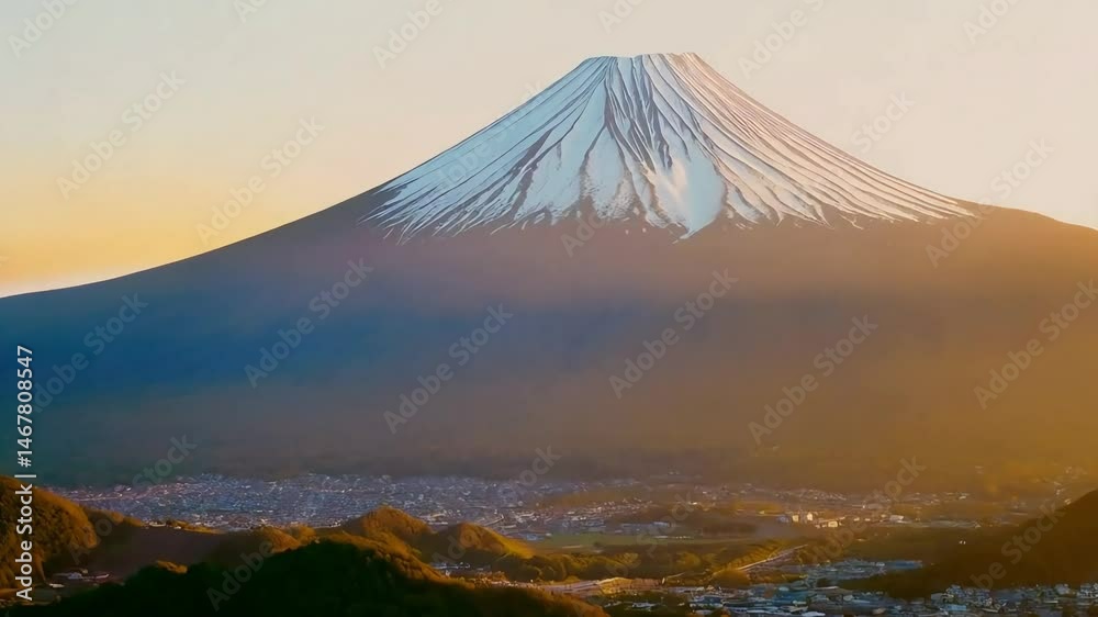 A breathtaking aerial shot of Mount Fuji with its snow-capped peak towering above the surrounding countryside.
