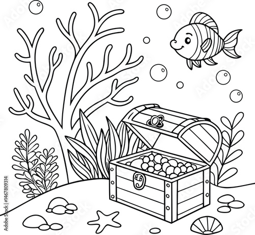 fish under sea with a treasure box vector for coloring page