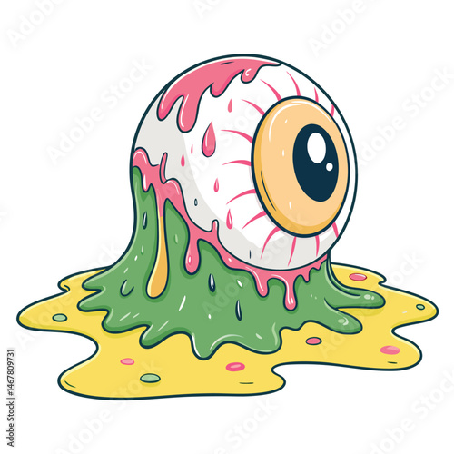 Render a grotesque, melting eyeball creature crawling across vibrant green slime. Emphasize gooey textures and dripping fluids.