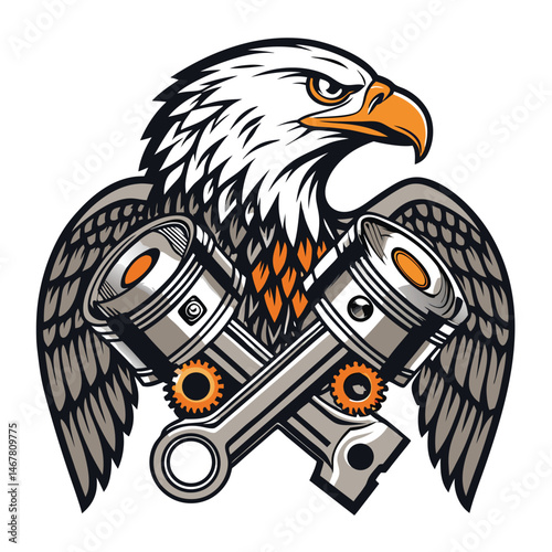 A majestic metal eagle, wings outstretched, fiercely clutches a pair of gleaming motorcycle pistons in its powerful talons.  The scene is dramatic and detailed.