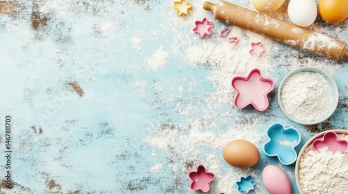 Super realistic top view flat lay of cute pink and blue baking utensils, including a wooden rolling pin, colorful cookie cutters, and a bowl of flour with a cracked egg nearby