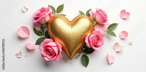 Golden heart entwined with pink roses on white background , wedding, affection