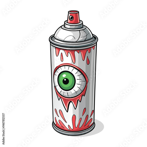 A monstrous graffiti spray can, oversized and menacing, features a single eyeball as its nozzle, spraying vibrant, chaotic colors.  The can is heavily textured and drips paint.