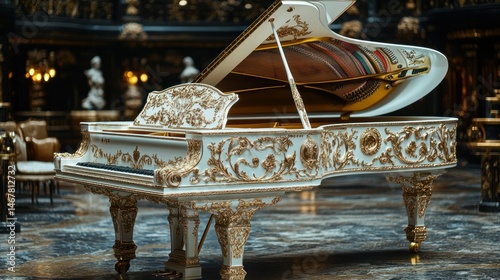 Ornate grand piano in opulent hall
