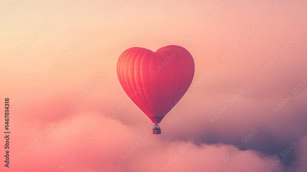 Obraz premium A red hot air balloon with a heart on it is flying in the sky