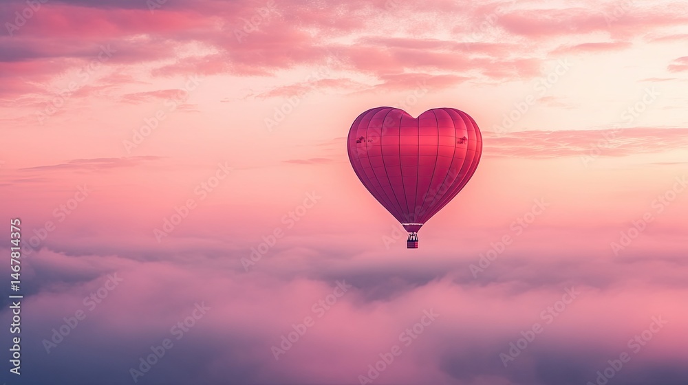 Obraz premium A red hot air balloon with a heart on it is flying in the sky