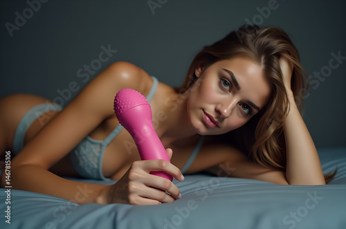 pink sex vibrator in hand of a woman girl with a sexy body and ass in underwear lying on a white sheet on bed in bedroom. Sex toys for female.generative ai