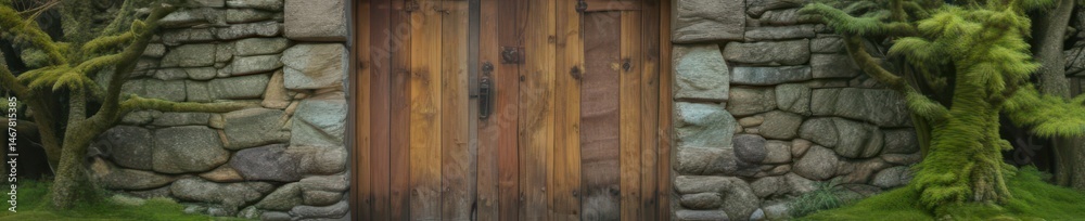 Ancient moss-covered stone structure, wooden door, tranquil forest , woodland, ancient Ancient moss-covered stone structure, wooden door, tranquil forest , woodland, ancient