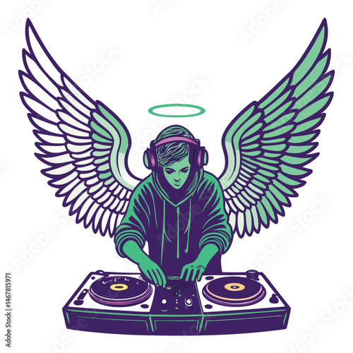 A celestial DJ angel spinning glowing vinyl on futuristic turntables, ethereal light illuminating a vibrant speaker system.