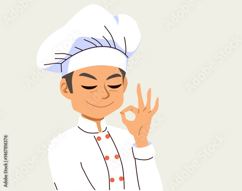 Cartoon illustration of a proud male chef making a victory hand gesture. Vector drawing for culinary success, kitchen culture, and joyful expression