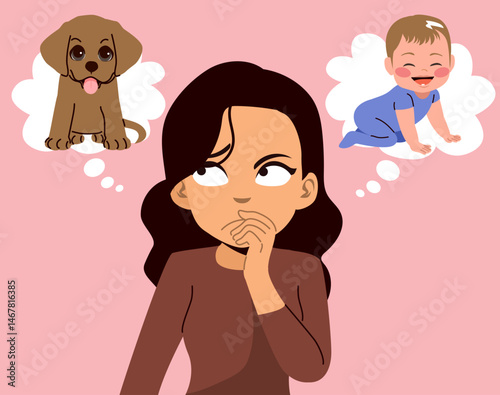 Cartoon illustration of a woman deciding between adopting a child or a dog. Symbolizes life choices, love, parenting and emotional decisions