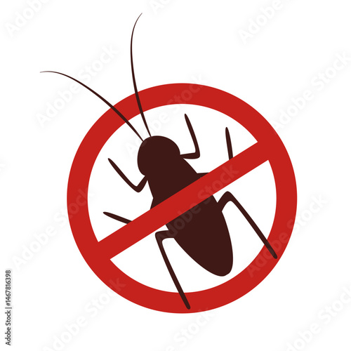 Cartoon illustration of a cockroach silhouette inside a red forbidden sign. Vector drawing concept of pest control, cleanliness and household protection