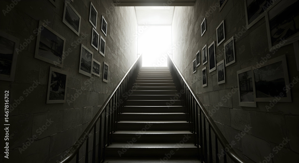 Mysterious Stairs Leading to Bright Light in a Dimly Lit Hallway Mysterious Stairs Leading to Bright Light in a Dimly Lit Hallway