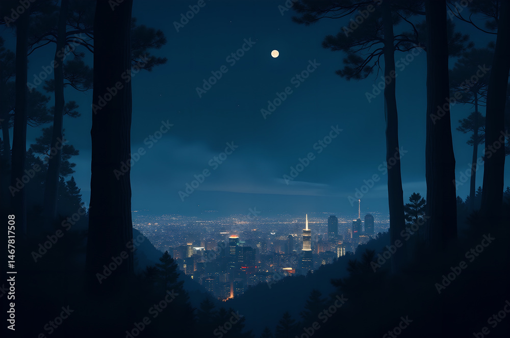 Naklejka premium Night landscape of a metropolis city with the moon futuristic cityscape glowing holographic floating.generative ai
