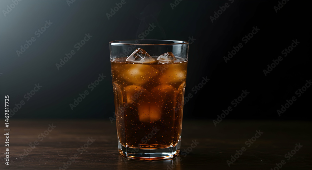 Refreshing Glass of Fizzy Soft Drink with Ice Cubes on Dark Background Refreshing Glass of Fizzy Soft Drink with Ice Cubes on Dark Background
