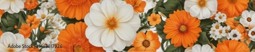 Large scale orange and white floral wall mural, bold blooms , vibrant, design, background