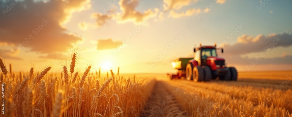 Fototapeta premium Tractor working in golden wheat field at sunset. Agricultural machinery harvest crops ready. Combine harvester agriculturalist during golden hour, dusk time, beautiful sky.