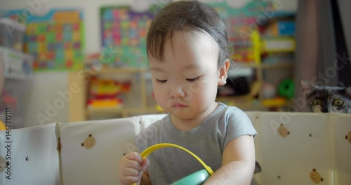Cute Asian toddler child engaged in play with toys in a vibrant playroom while a curious cat watches nearby