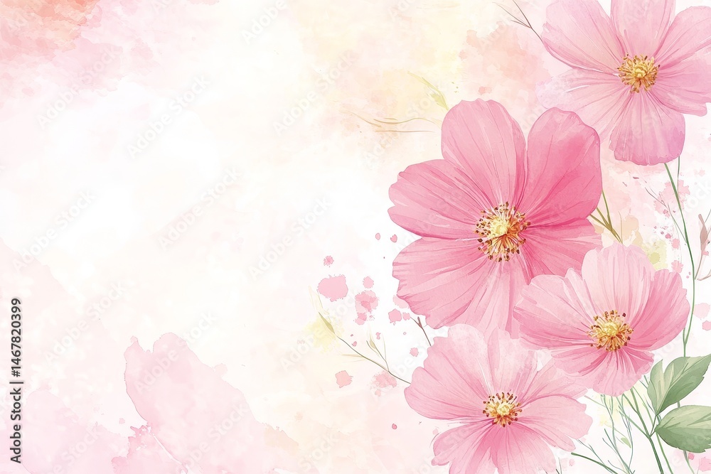 Fototapeta premium Delicate pink cosmos flowers on a soft watercolor background.