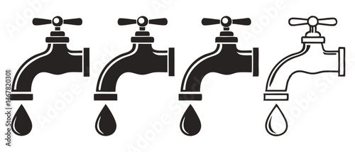 Water Faucet Icon Set, Outline & Silhouette with Dripping Drop Vector, On White Background
