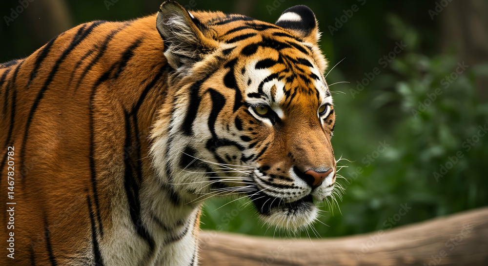 Obraz premium Majestic Tiger Striding Through Dense Green Foliage in Nature