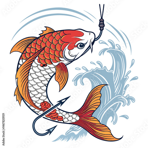 A vibrant red koi fish, enraged, aggressively circles a menacing fishing hook submerged in murky water.  Detailed scales and intense expression.