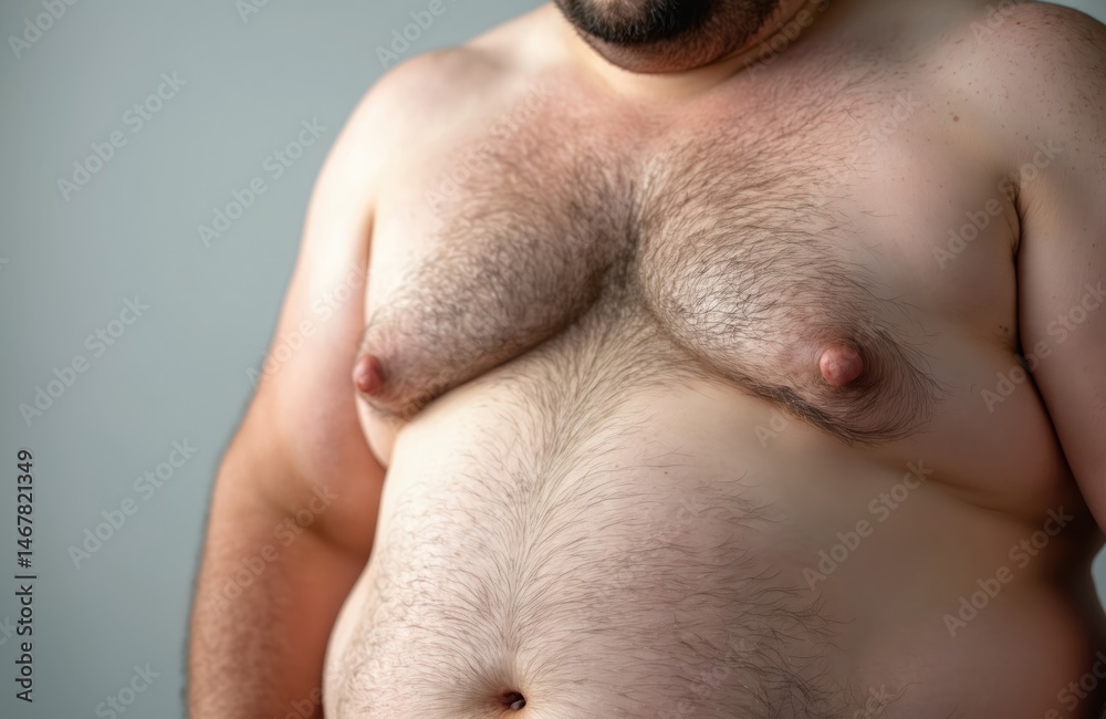 Naklejka premium Close-up shot of hairy adult male torso skin details. Body hair on chest abdomen. Skin texture. Concepts body positivity self-acceptance health care overweight weight loss.