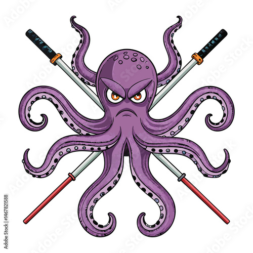 Render a purple, enraged octopus with numerous thin rods attached to each tentacle, expressing furious aggression.  Focus on detailed texture and intense lighting.