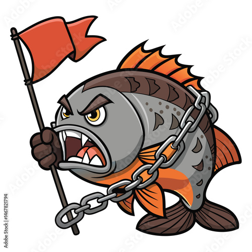 Design a fierce, cartoon tilapia mascot, wielding a club and a tattered flag, bound by heavy chains, expressing intense anger.  Focus on vibrant, aggressive colors.