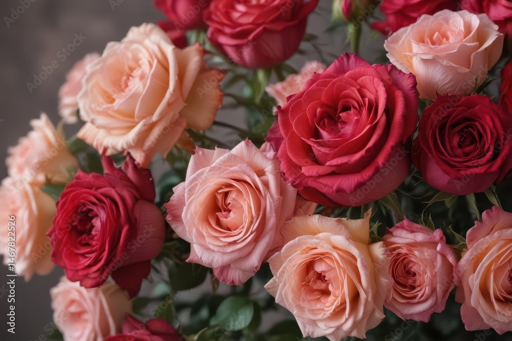 Crimson and blush roses, soft-focus background , romantic, abundant, floral design Crimson and blush roses, soft-focus background , romantic, abundant, floral design