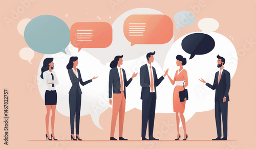 "Professional business agreement concept. Flat vector illustration featuring two suited executives shaking hands at center of meeting, surrounded by diverse colleagues. Represents successful negotiati