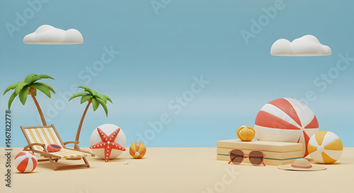 Colorful Summer Beach Scene with Chair, Toys, and Clouds