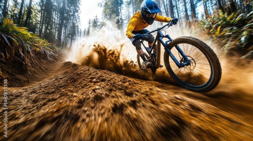Obraz premium Mountain biker descends a sandy trail, kicking up dust