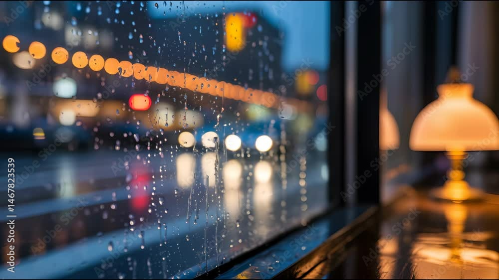 A cinematic 5-second 4K clip showing raindrops on a night window with blurred city lights in the background. Calm, emotional mood, perfect for B-roll, video backgrounds, or storytelling scenes.