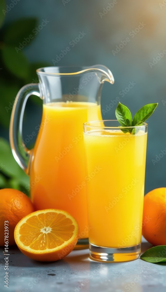 Refreshing pitcher and glasses of orange juice with fresh oranges , hydration, healthy, food photography Refreshing pitcher and glasses of orange juice with fresh oranges , hydration, healthy, food photography