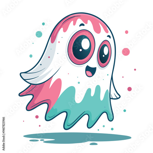 A spectral eyeball ghost, translucent and flying, amidst a vibrant explosion of colorful paint splatters.  The ghost is detailed and expressive.