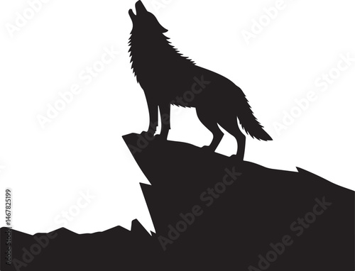 Wolf Howling Silhouette on Rocky Cliff Illustration for Wildlife Design, Adventure, Outdoors, Animal Lovers