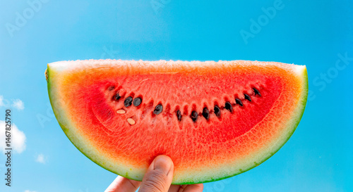 female hands holding a slice of watermelon against the background of the sea. High quality photo