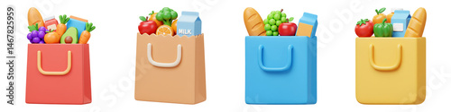 Grocery Bags Full – Shopping Food Items PNG Clipart Set