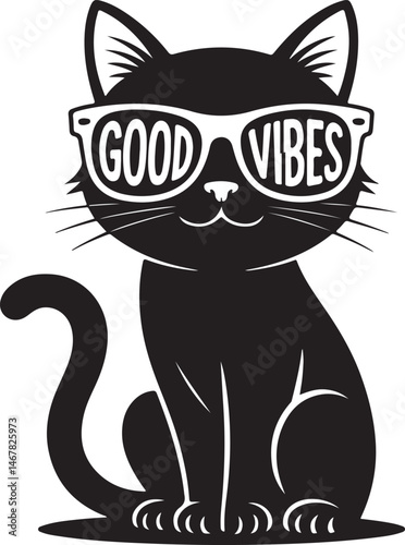 Cute Cat Wearing "Good Vibes" Glasses Silhouette Vector for Fun, Pet Design, Positive Vibes, Cat Lover Graphics