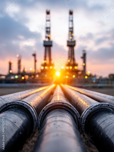 Oil and Gas Pipeline Sunset Scene - Industry, energy, infrastructure, transportation, resources. Sunset silhouettes drilling rigs and pipelines