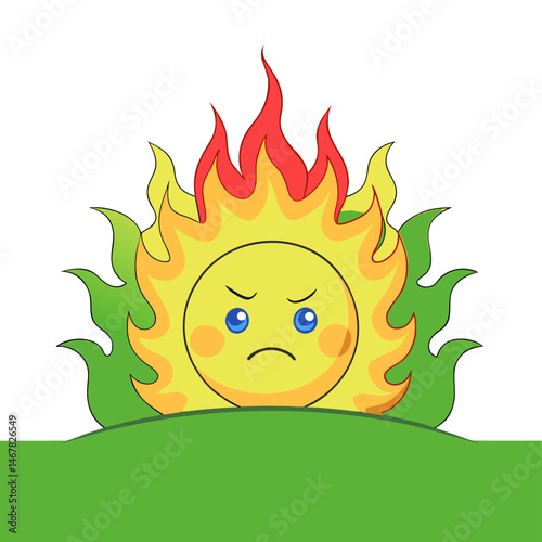 Angry Sun Emoji Surrounded by Flames and Grass