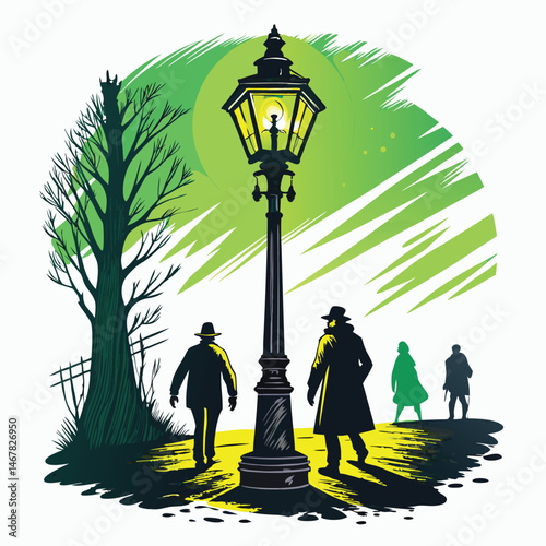 A sinister green glow emanates from a possessed street lamp, casting eerie shadows on a deserted street at night.  The lamp post seems to writhe with unnatural energy.