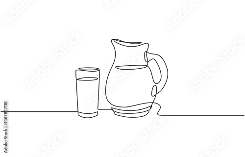 Jug and glass one line drawing on white isolated background vector illustration, Continuous single line sketch drawing of hand pouring a jug tea pot jar of fresh milk juice into glass.
