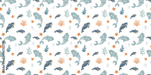 Cartoon ocean animal seamless design with marine life in soft pastel tones. Great for surface pattern design, packaging, children’s fashion, scrapbooking, digital backgrounds, and sea-inspired product