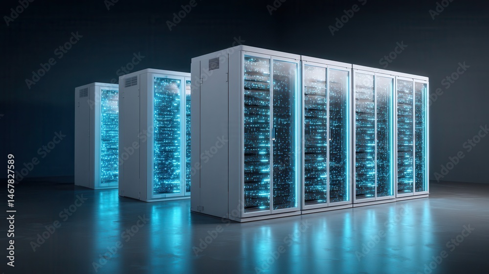 Obraz premium Three server cabinets illuminated with glowing light.