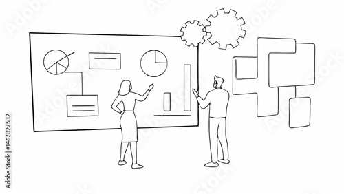 Collaborative Data Analysis Team reviewing key performance indicators charts and graphs on a large